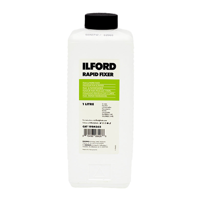 Fixator Ilford Rapid Fixer 1000ml pentru dezvoltare fotografii, flacon de plastic cu etichetă albă și cap de dozare