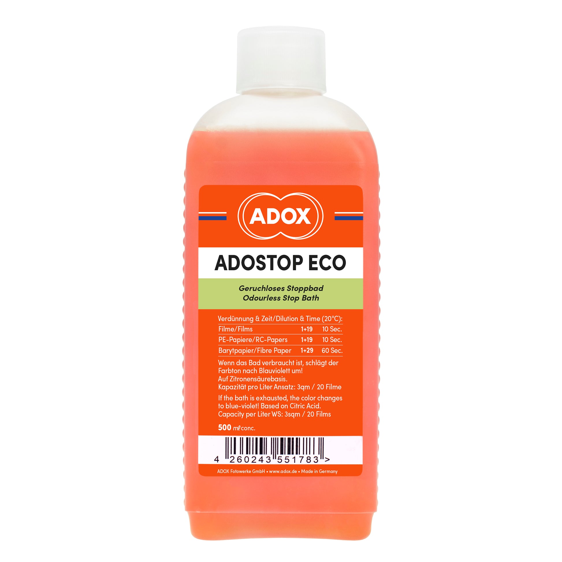 Recipient de baie ADOX ADOSTOP ECO pentru prevenirea depunerilor, 500ml, cu etichetă neagră și design simplu.