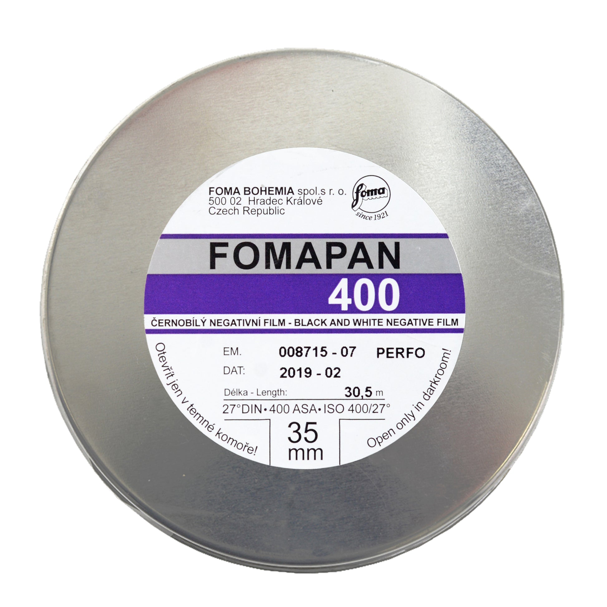 Rolă bulk Fomapan Action 400 de 30,5m cu negative negre și albe, pentru film fotografic Foma.