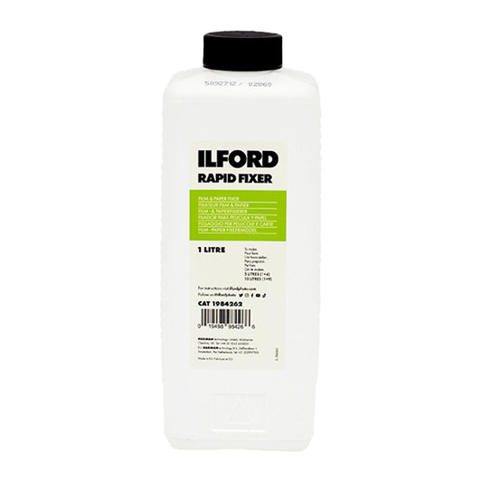 Fixator Ilford Rapid Fixer 1000ml pentru dezvoltare fotografii, flacon de plastic cu etichetă albă și cap de dozare