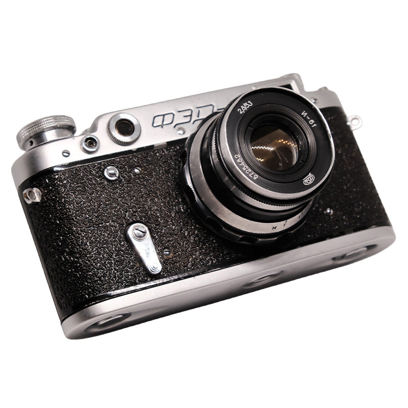 Vintage FED 2 camera with Industar N-61 53mm f/2.8 lens, black metal body and classic rangefinder design.