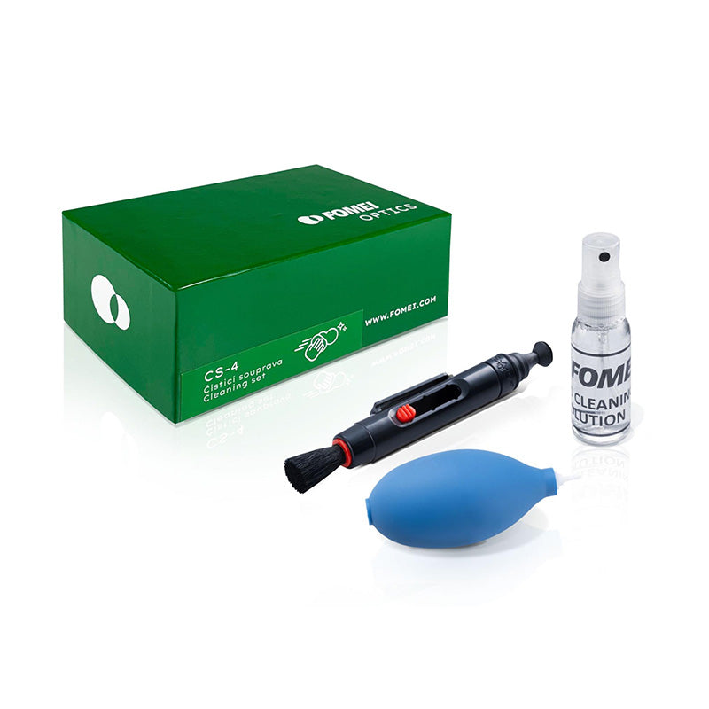 Fomei lens cleaning kit featuring microfiber cloth, cleaning solution, and brush for camera lens maintenance.