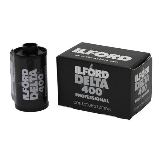 Negativ digital Ilford Delta 400 Collector's Edition 35mm, film de filmare foto în ambalaj limitat, cu logo și design special.