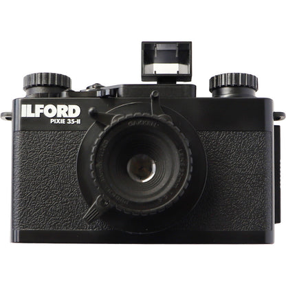 Camera experimentală Ilford Pixie 35-II pentru film de 35mm, cu design compact și stil vintage pentru fotografie creativă.