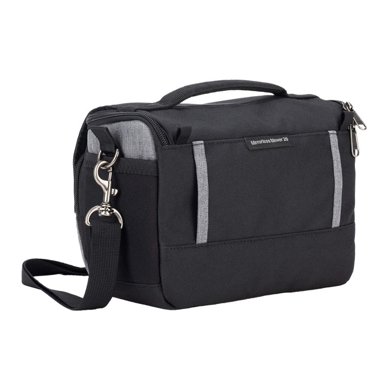 Cool grey ThinkTank Mirrorless Mover 20 v2 camera bag, featuring adjustable straps and spacious compartments.