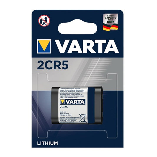 Varta PHOTO 2CR5 6V lithium battery with a compact design and clear labeling, ideal for cameras and portable devices.