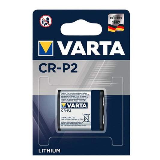 Varta PHOTO CR-P2 6V lithium battery displayed on a white background, showcasing its cylindrical design and labeling.