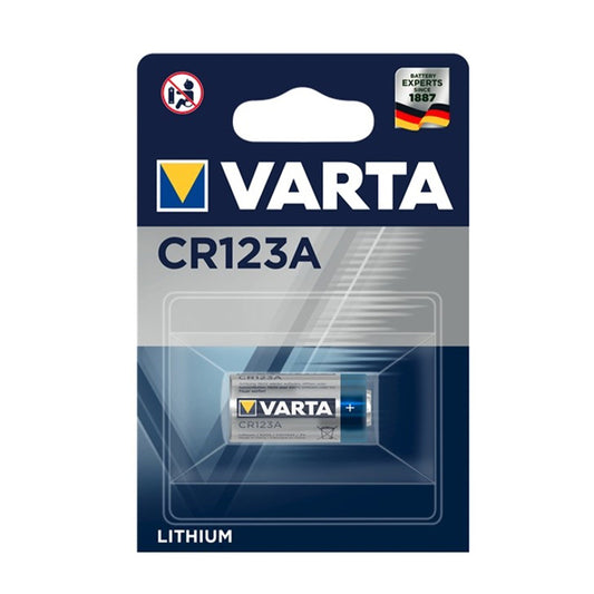 Varta PHOTO CR123A lithium battery on a white background, showcasing its cylindrical shape and labeling details.