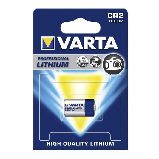 Varta PHOTO CR2 lithium battery, 3V, in packaging, showcasing the product design and specifications.